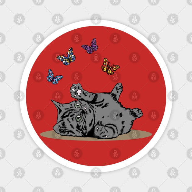 Grey Kitten Playing With Butterflies Magnet by Miozoto_Design